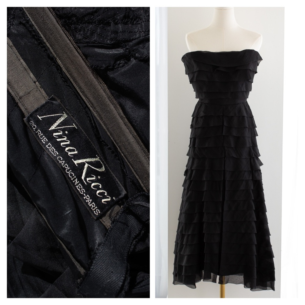 Nina Ricci 1940s Haute Couture Black Tiered Ruffle Strapless Evening Dress